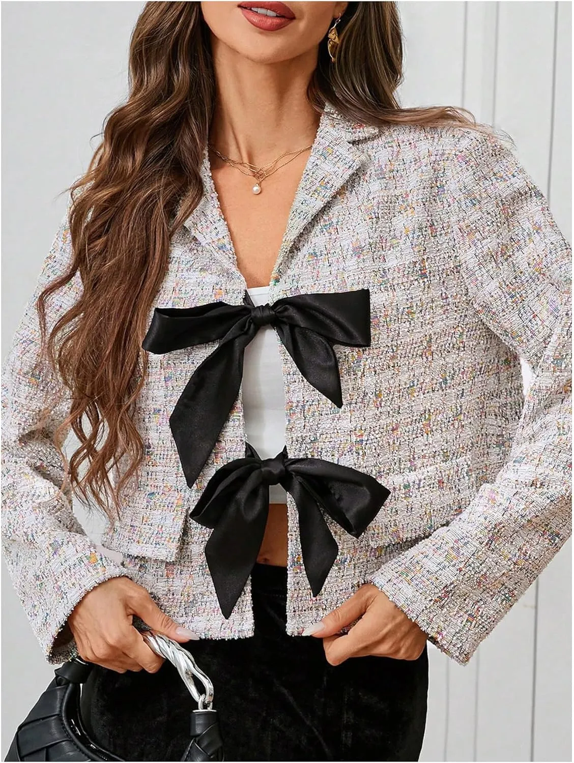MakeMeChic Women's Bow Knot Lapel Jacket Long Sleeve Office Blazer Jackets