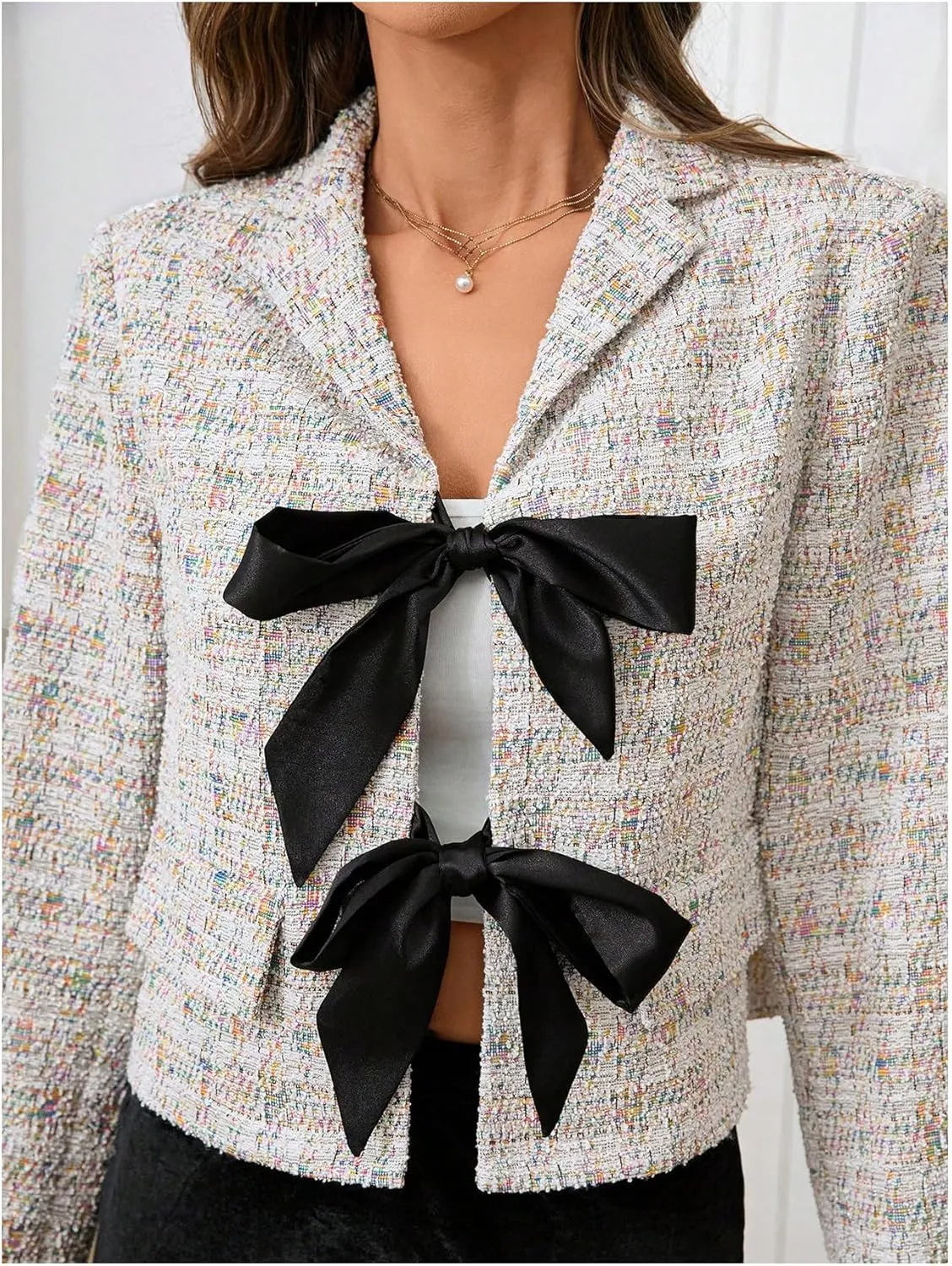 MakeMeChic Women's Bow Knot Lapel Jacket Long Sleeve Office Blazer Jackets