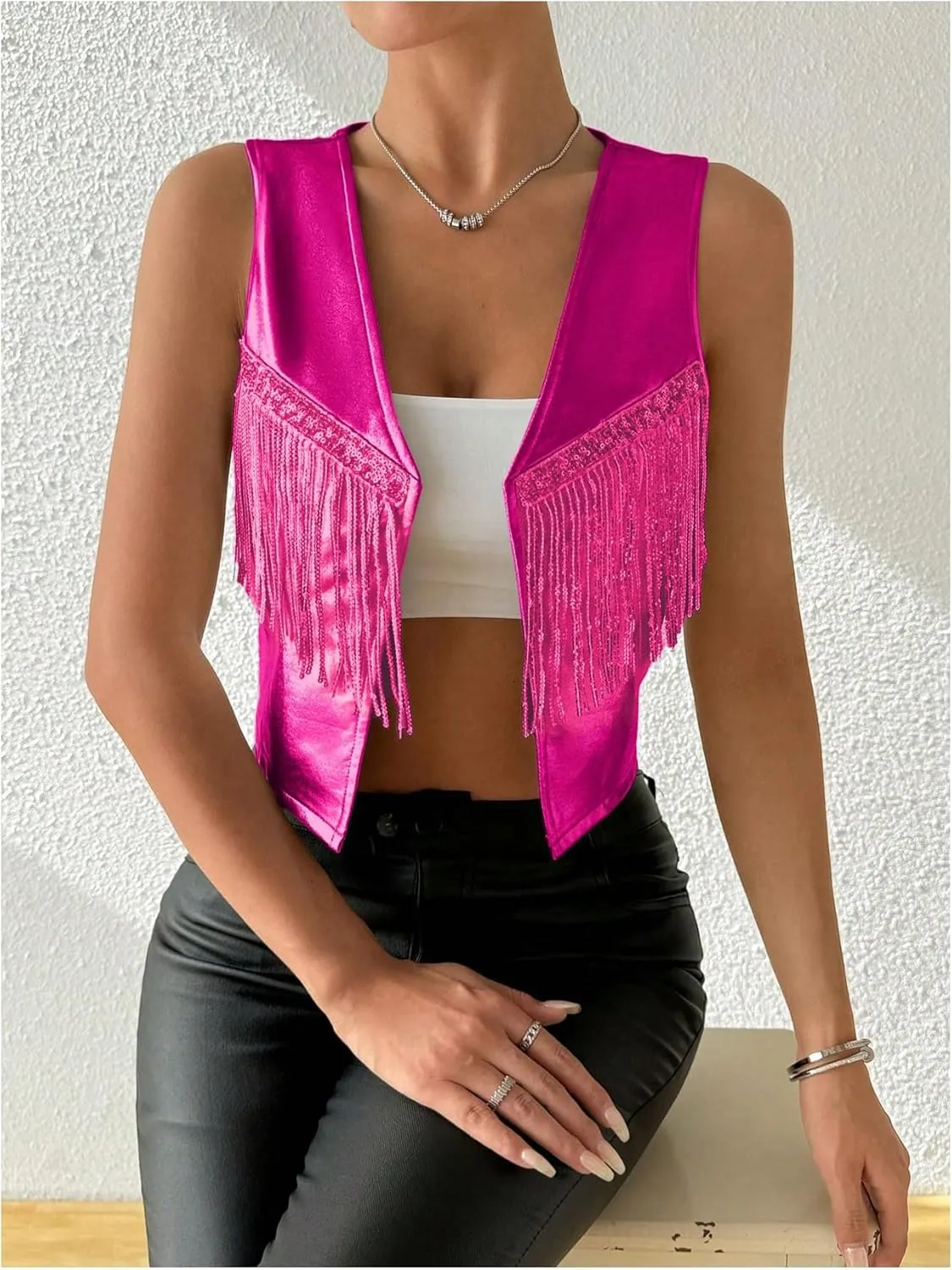 MakeMeChic Women's Metallic Sequin Fringe Vest Blazer Open Front Sleeveless Crop Y2K Coat Outerwear