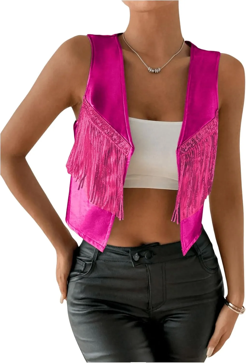 MakeMeChic Women's Metallic Sequin Fringe Vest Blazer Open Front Sleeveless Crop Y2K Coat Outerwear
