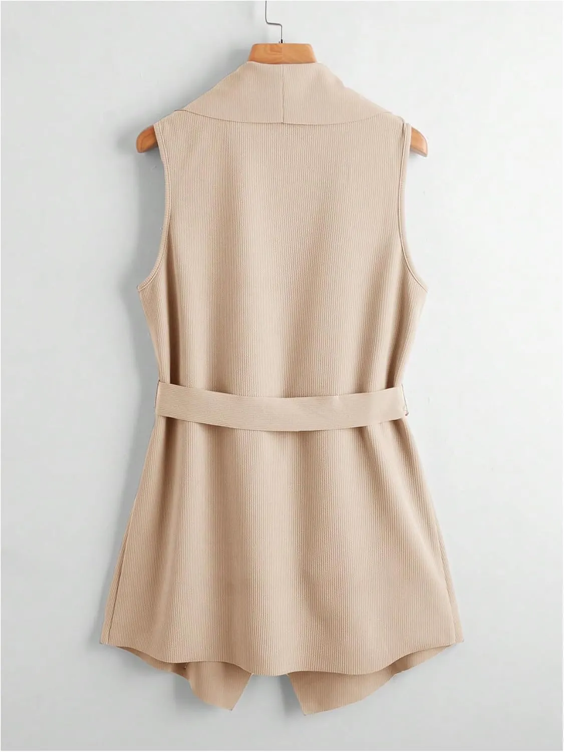 MakeMeChic Women's Open Front Long Vest Waterfall Collar Sleeveless Belted Work Jacket Outerwear
