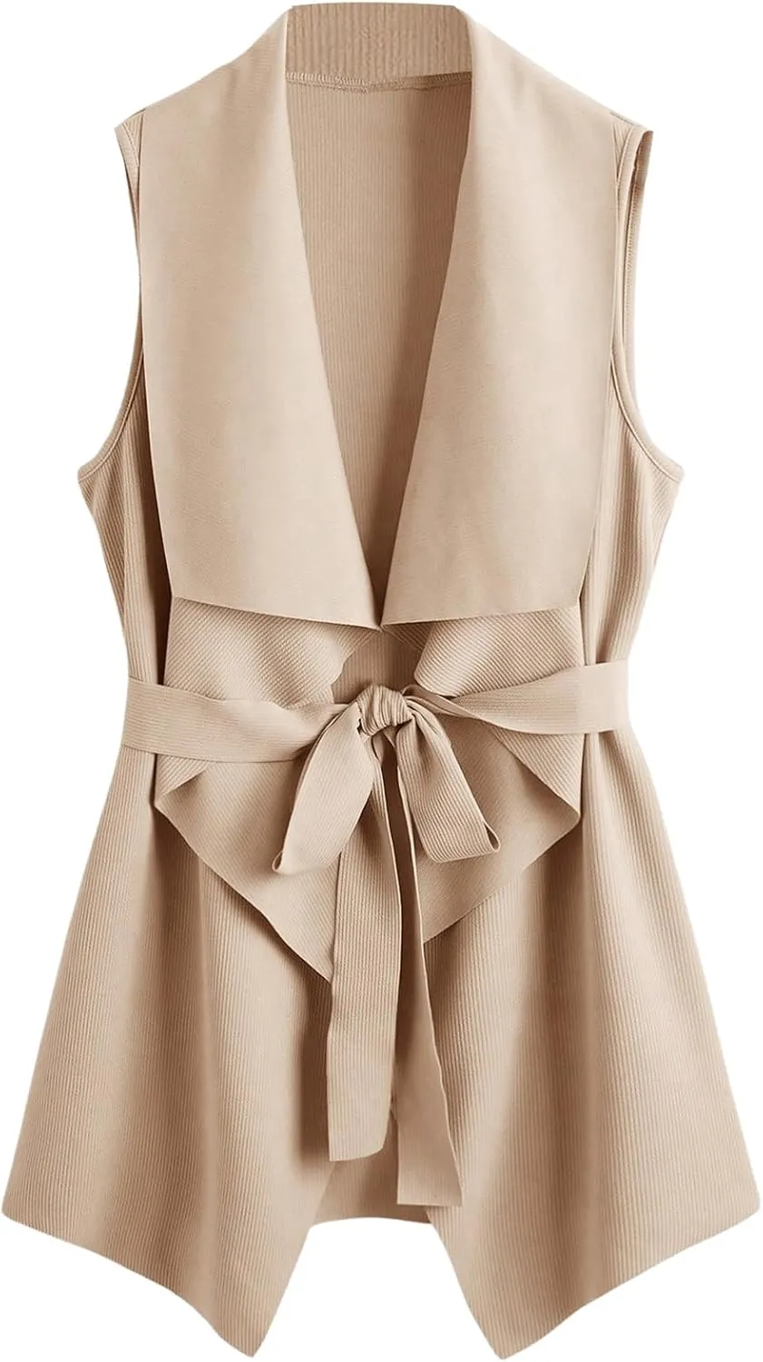 MakeMeChic Women's Open Front Long Vest Waterfall Collar Sleeveless Belted Work Jacket Outerwear