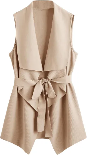 MakeMeChic Women's Open Front Long Vest Waterfall Collar Sleeveless Belted Work Jacket Outerwear