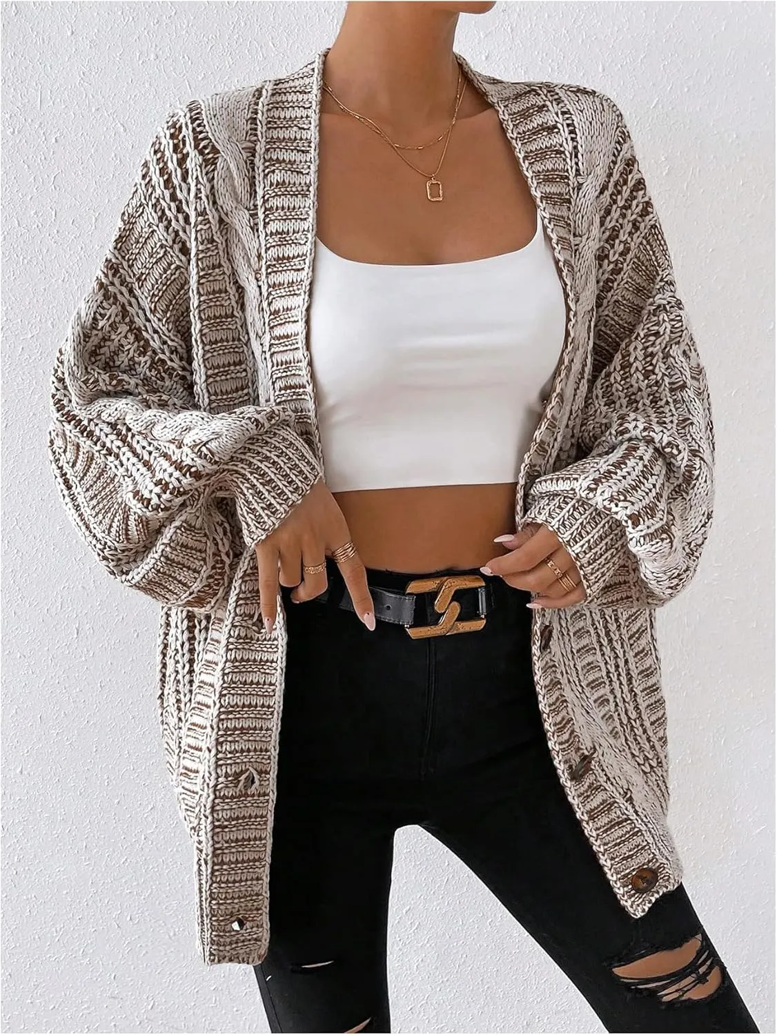 MakeMeChic Women's Oversized Chunky Cable Knit Cardigan Sweaters Button Front V Neck Lantern Sleeve Outerwear