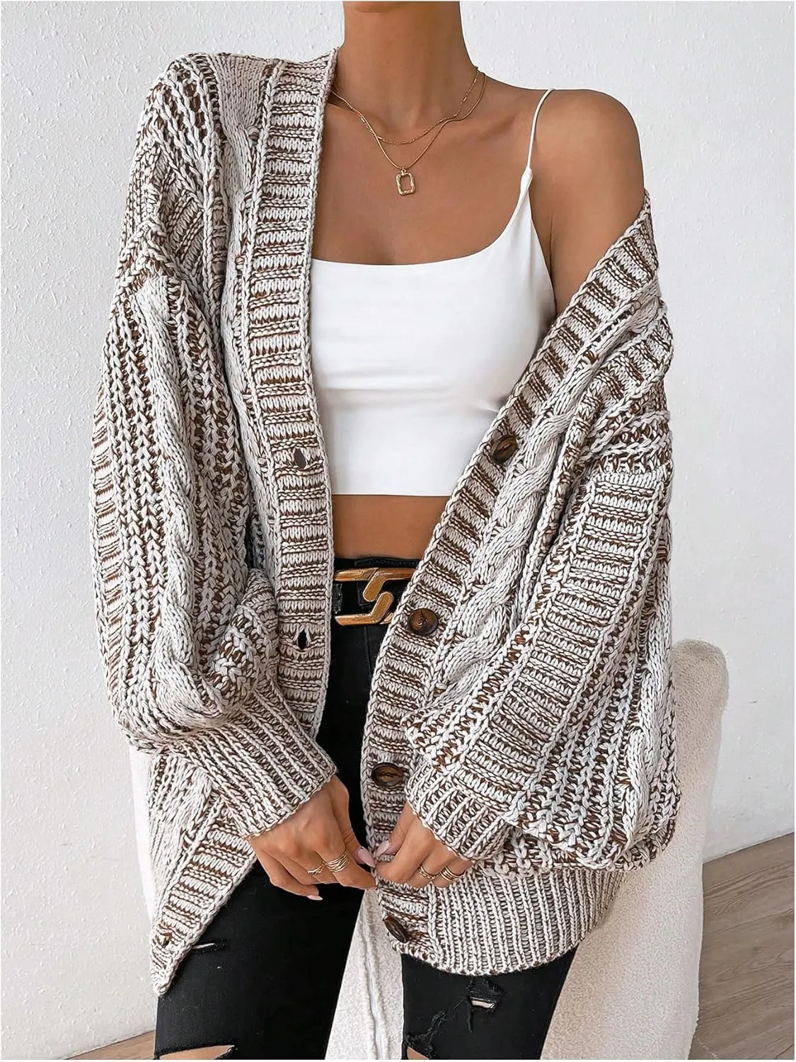 MakeMeChic Women's Oversized Chunky Cable Knit Cardigan Sweaters Button Front V Neck Lantern Sleeve Outerwear