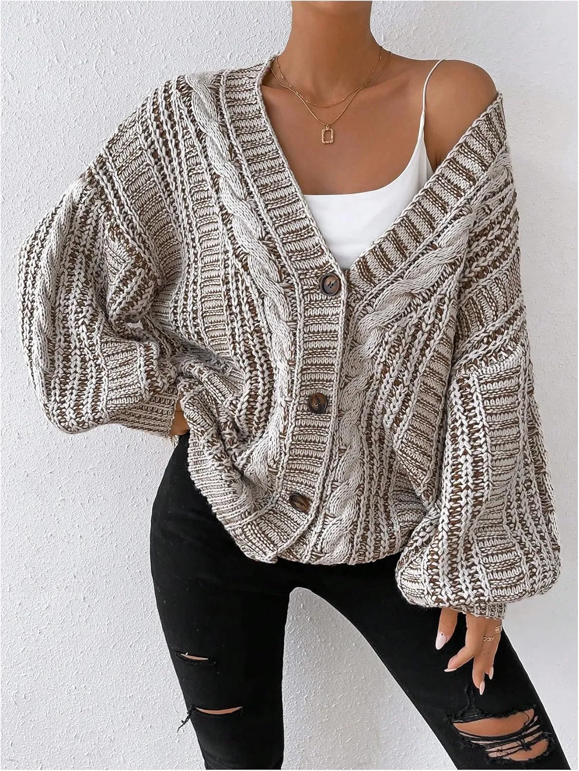 MakeMeChic Women's Oversized Chunky Cable Knit Cardigan Sweaters Button Front V Neck Lantern Sleeve Outerwear