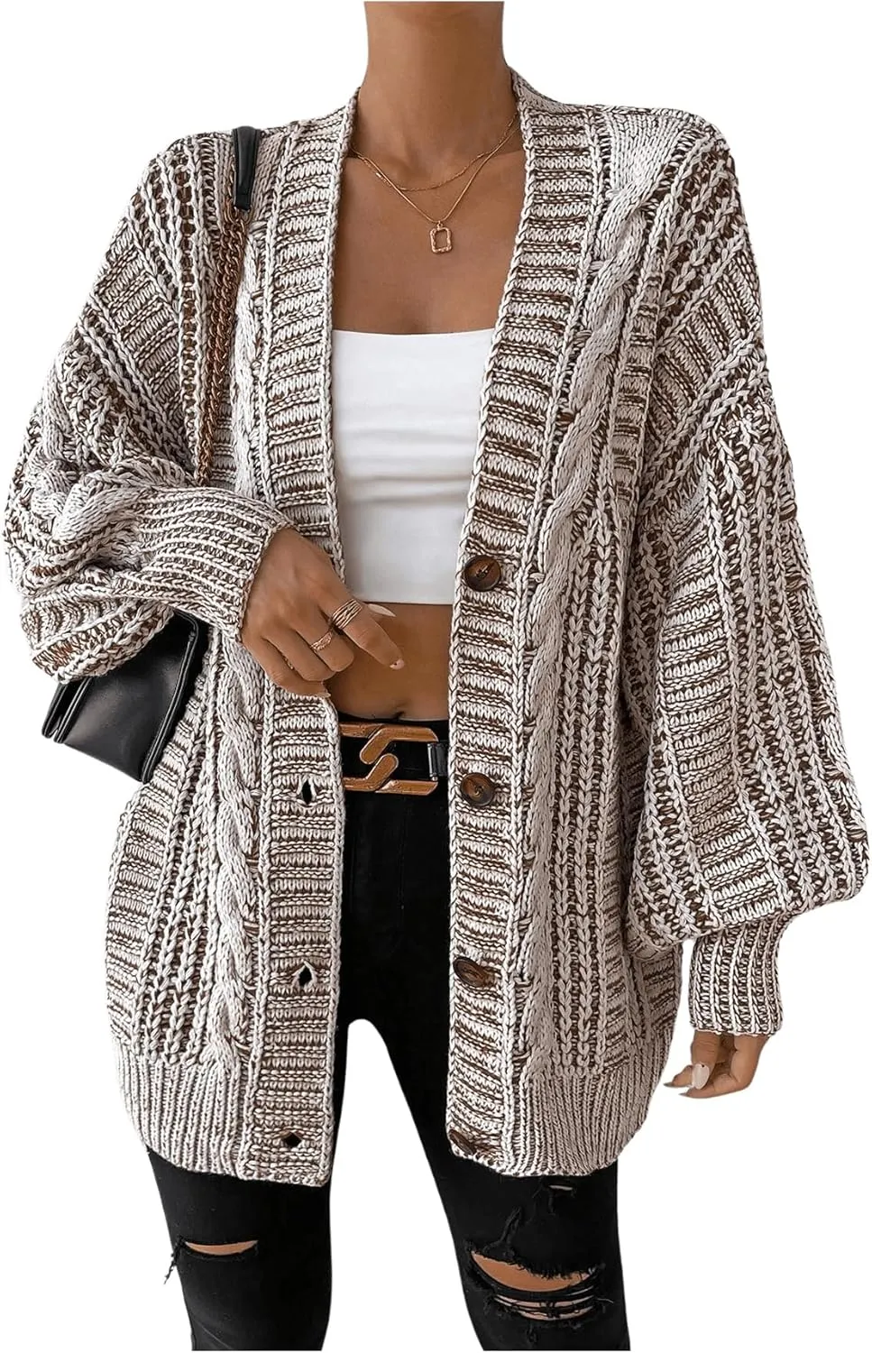 MakeMeChic Women's Oversized Chunky Cable Knit Cardigan Sweaters Button Front V Neck Lantern Sleeve Outerwear