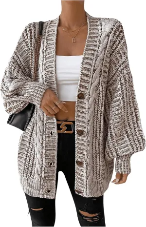 MakeMeChic Women's Oversized Chunky Cable Knit Cardigan Sweaters Button Front V Neck Lantern Sleeve Outerwear