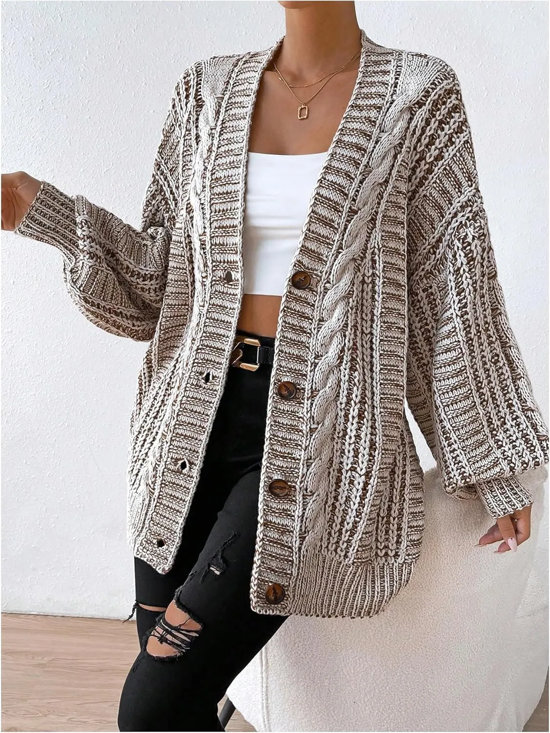 MakeMeChic Women's Oversized Chunky Cable Knit Cardigan Sweaters Button Front V Neck Lantern Sleeve Outerwear