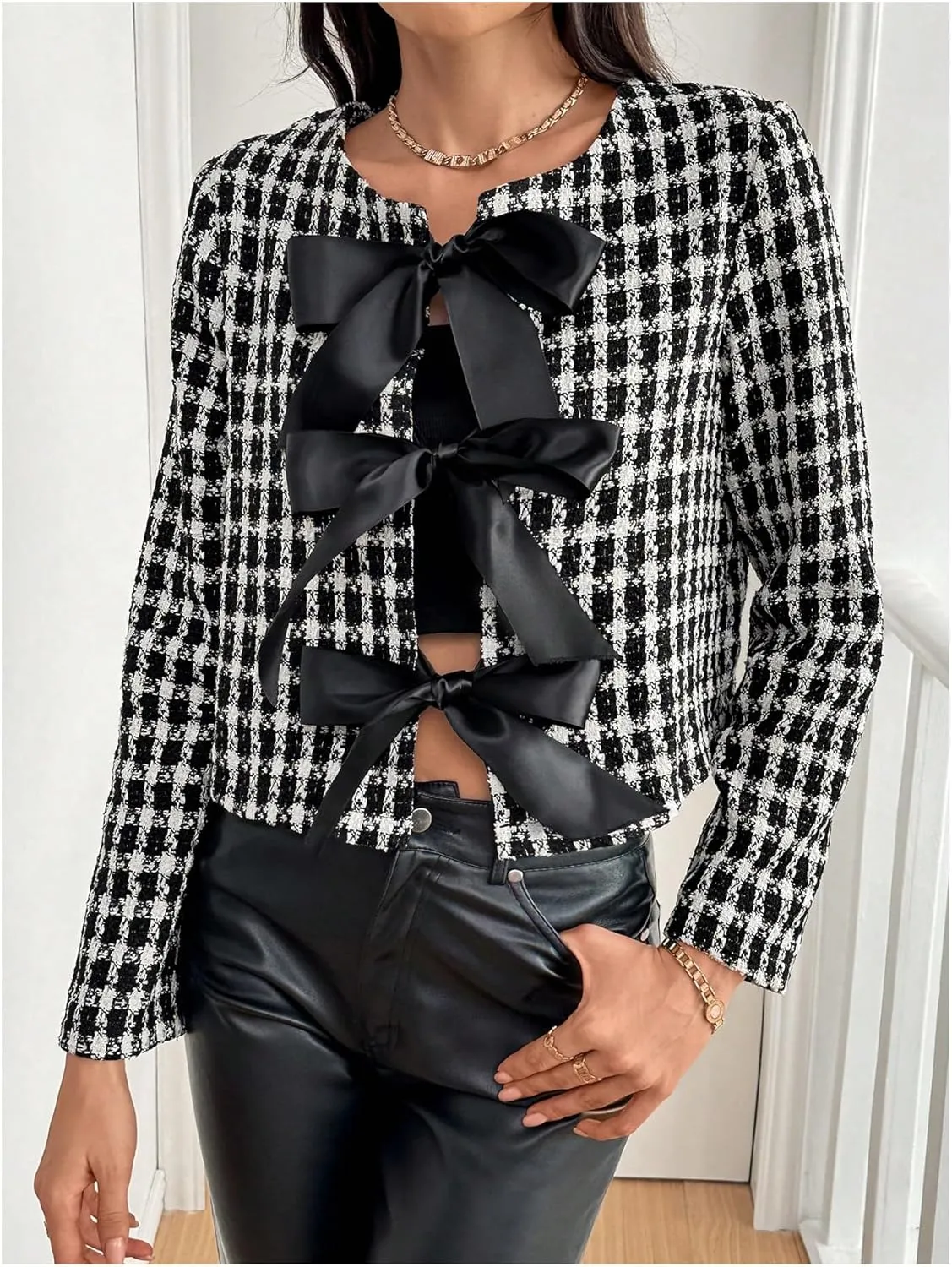 MakeMeChic Women's Plaid Tweed Jacket Bow Knot Crew Neck Long Sleeve Coat Outerwear