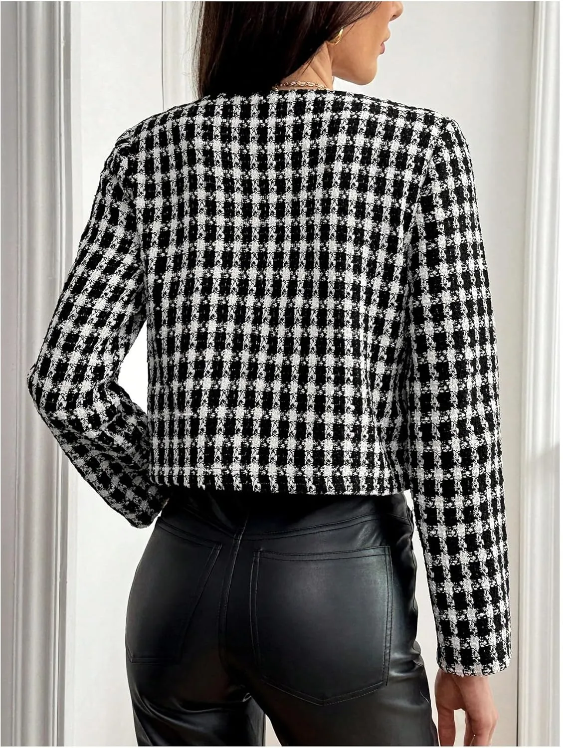 MakeMeChic Women's Plaid Tweed Jacket Bow Knot Crew Neck Long Sleeve Coat Outerwear