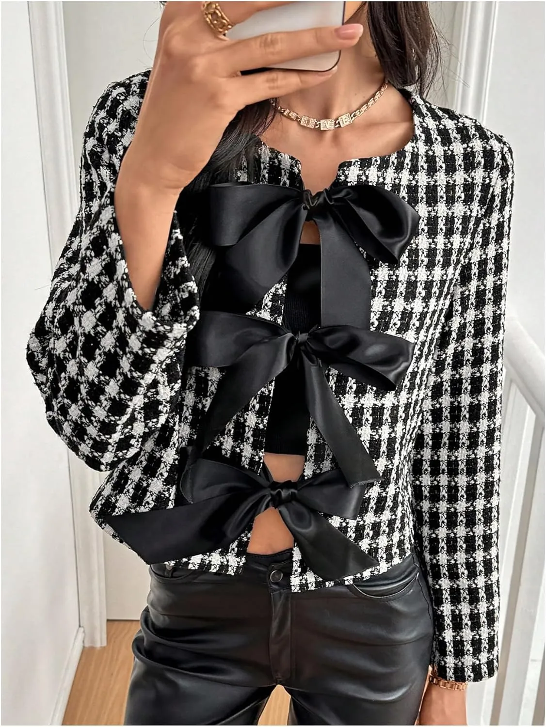 MakeMeChic Women's Plaid Tweed Jacket Bow Knot Crew Neck Long Sleeve Coat Outerwear