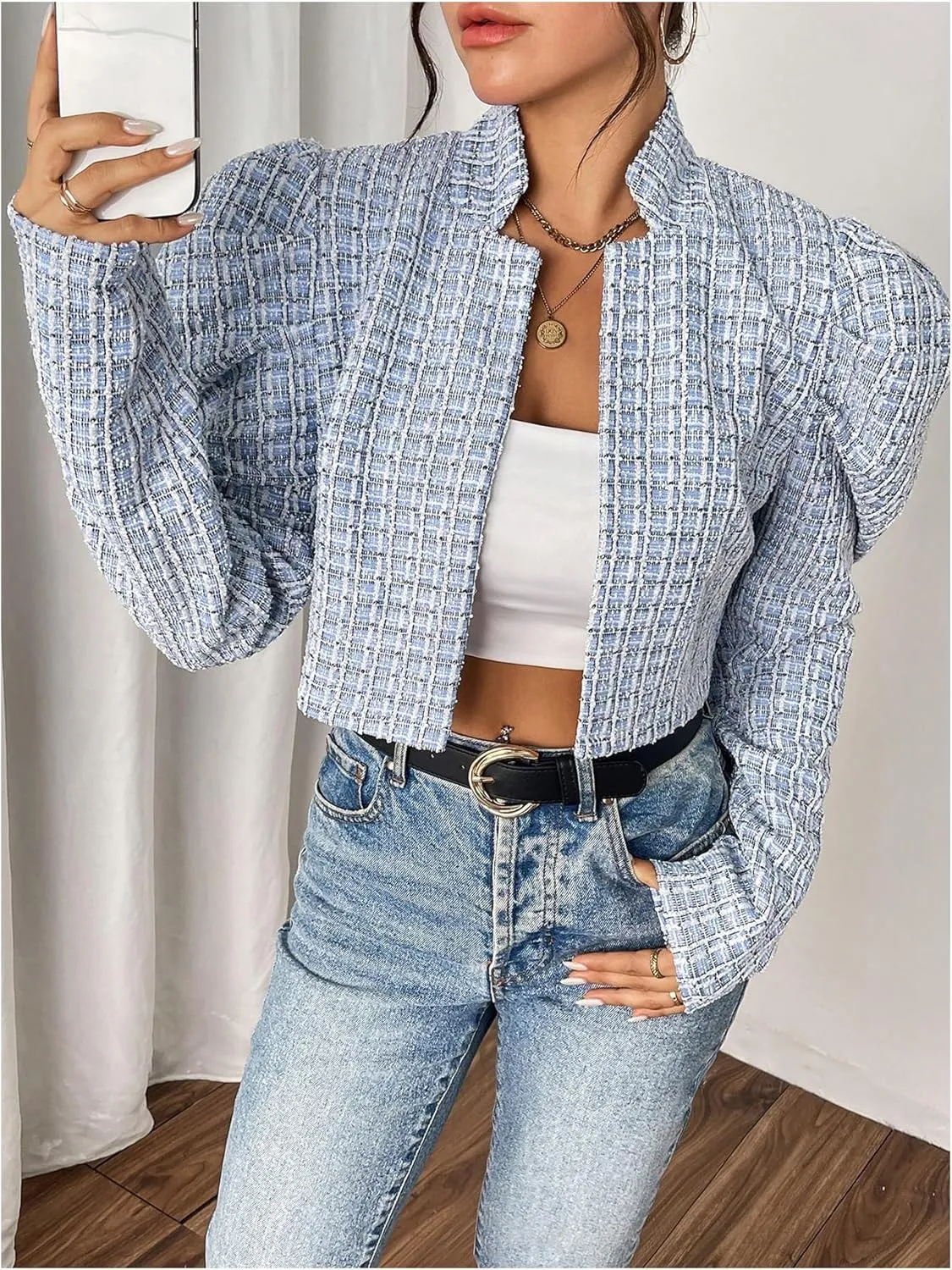 MakeMeChic Women's Plaid Tweed Puff Sleeve Cropped Jackets Mock Neck Open Front Office Outerwear