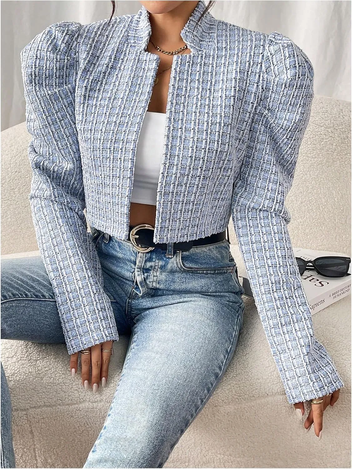 MakeMeChic Women's Plaid Tweed Puff Sleeve Cropped Jackets Mock Neck Open Front Office Outerwear