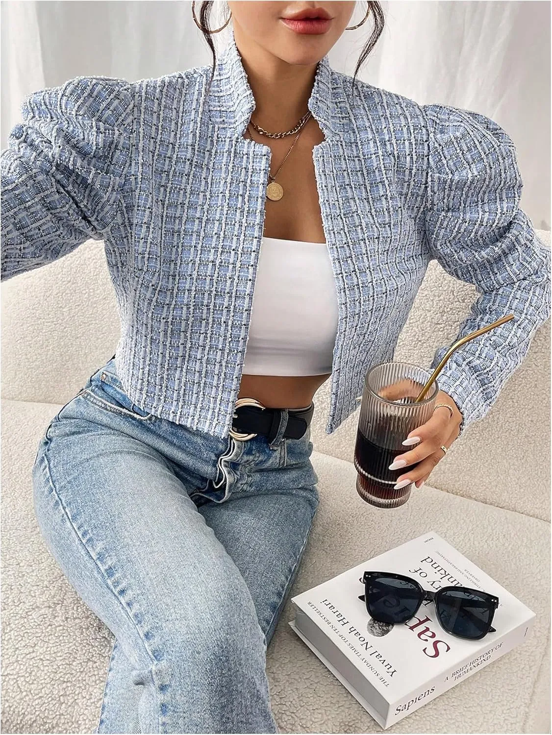 MakeMeChic Women's Plaid Tweed Puff Sleeve Cropped Jackets Mock Neck Open Front Office Outerwear