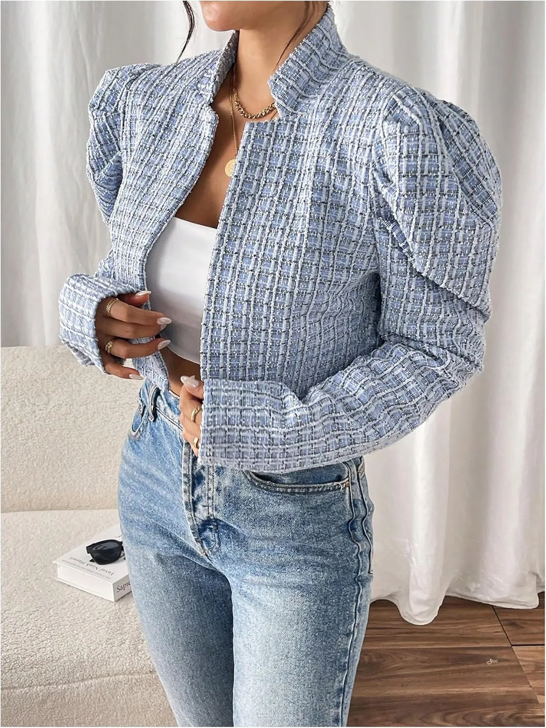 MakeMeChic Women's Plaid Tweed Puff Sleeve Cropped Jackets Mock Neck Open Front Office Outerwear