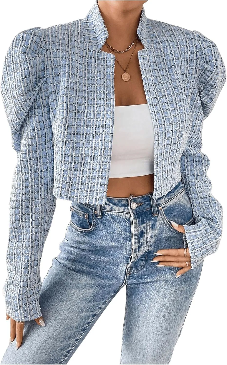 MakeMeChic Women's Plaid Tweed Puff Sleeve Cropped Jackets Mock Neck Open Front Office Outerwear