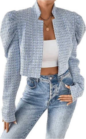 MakeMeChic Women's Plaid Tweed Puff Sleeve Cropped Jackets Mock Neck Open Front Office Outerwear