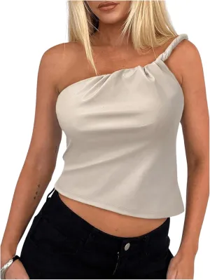 MakeMeChic Women's PU Leather Asymmetrical Neck Ruched Sleeveless Camisole Crop Tops