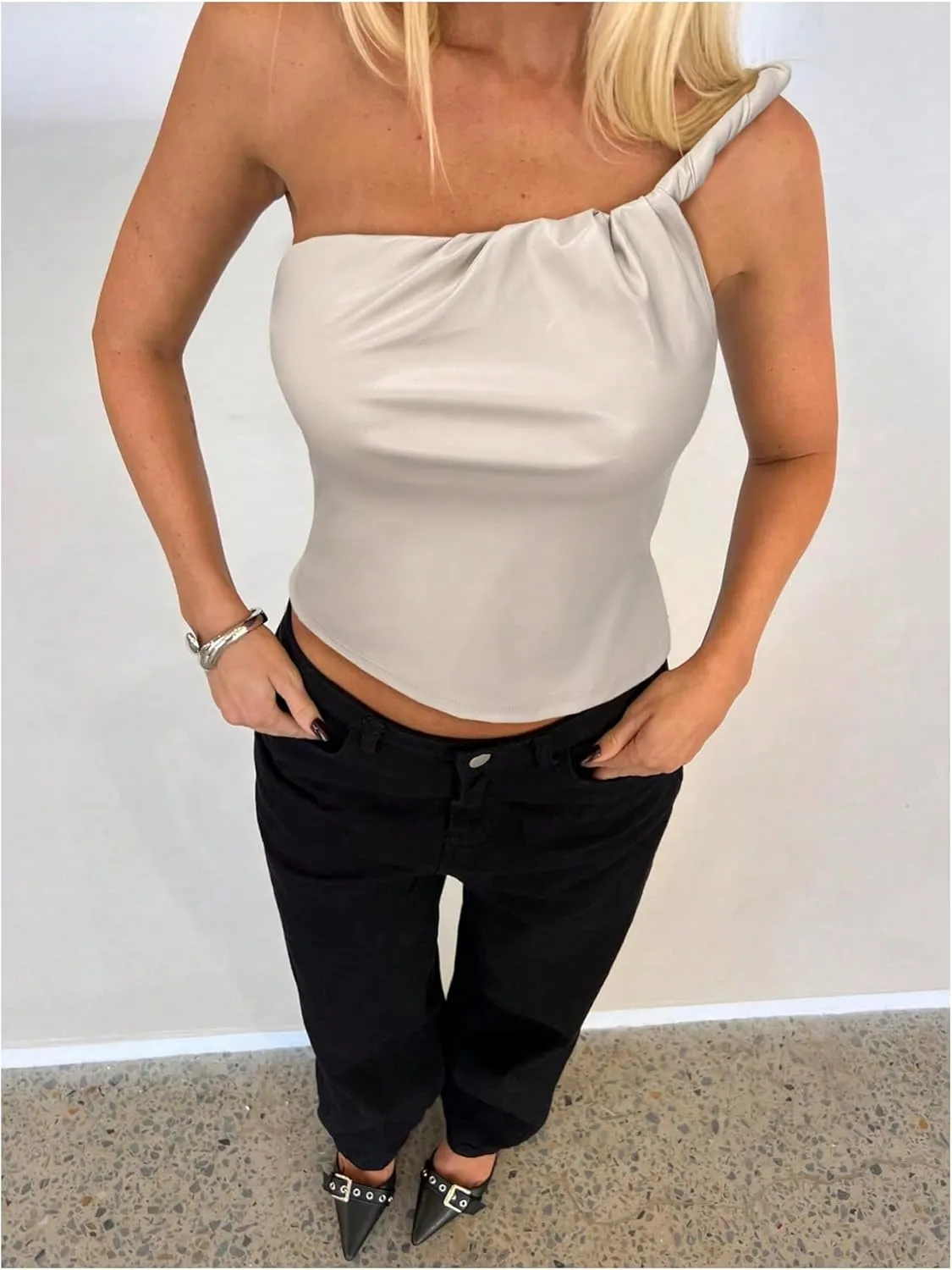 MakeMeChic Women's PU Leather Asymmetrical Neck Ruched Sleeveless Camisole Crop Tops