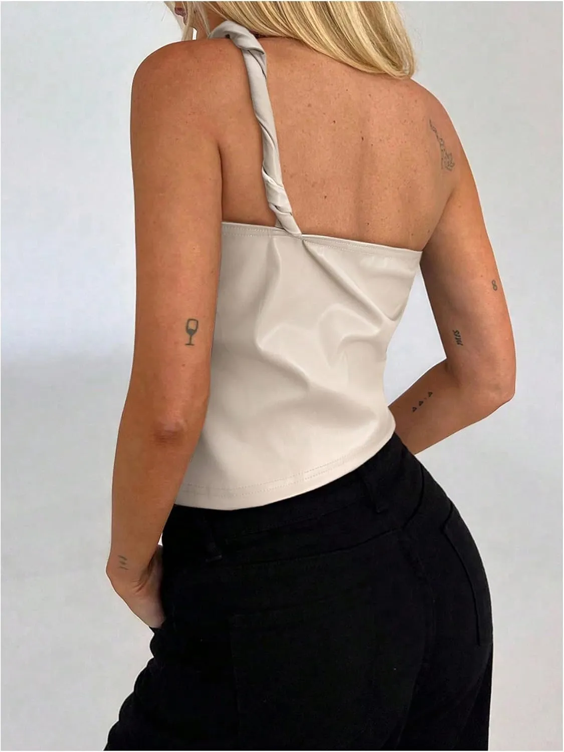 MakeMeChic Women's PU Leather Asymmetrical Neck Ruched Sleeveless Camisole Crop Tops