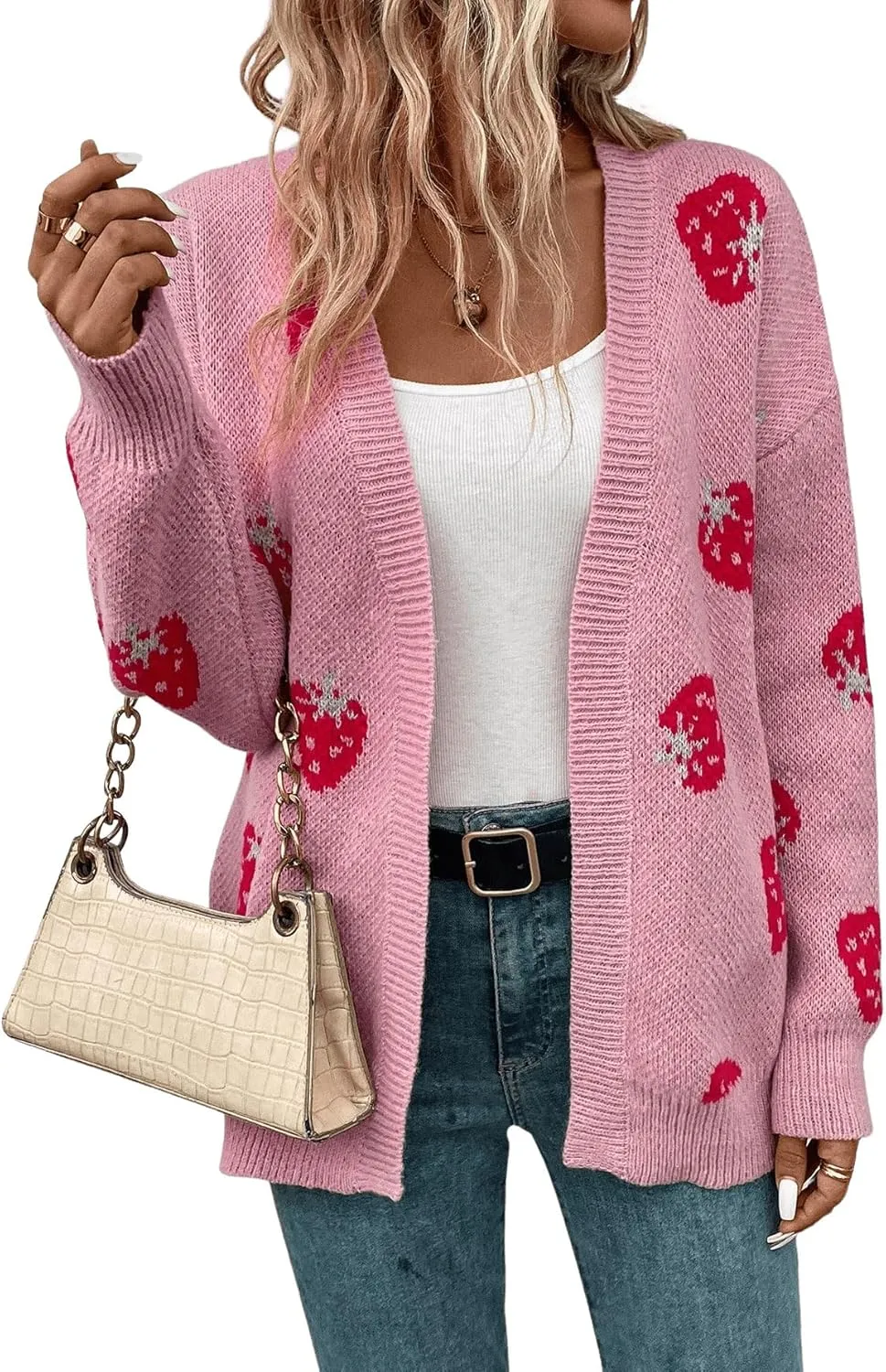 MakeMeChic Women's Strawberry Cardigan Sweater Long Sleeve Ribbed Knit Open Front Casual Outerwear