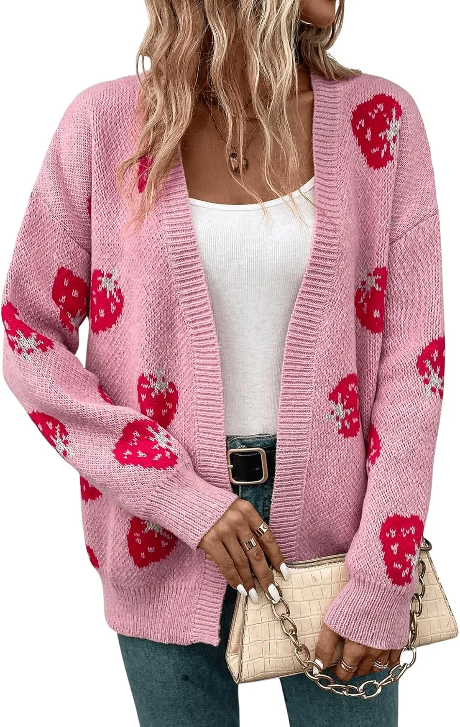 MakeMeChic Women's Strawberry Cardigan Sweater Long Sleeve Ribbed Knit Open Front Casual Outerwear