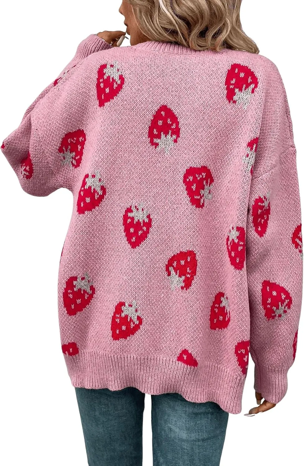 MakeMeChic Women's Strawberry Cardigan Sweater Long Sleeve Ribbed Knit Open Front Casual Outerwear