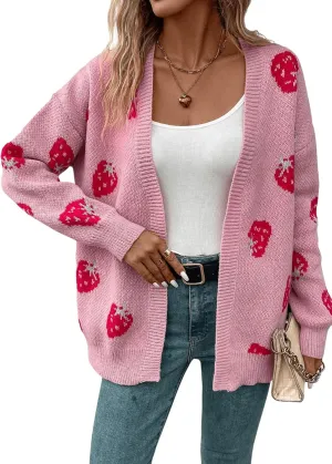 MakeMeChic Women's Strawberry Cardigan Sweater Long Sleeve Ribbed Knit Open Front Casual Outerwear