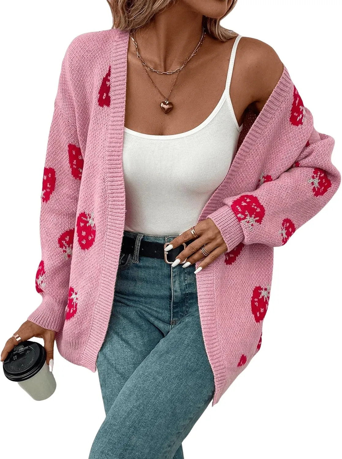 MakeMeChic Women's Strawberry Cardigan Sweater Long Sleeve Ribbed Knit Open Front Casual Outerwear