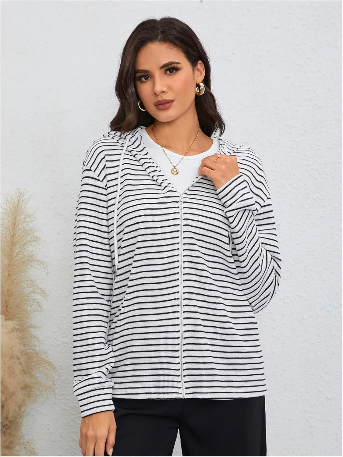 MakeMeChic Women's Striped Drawstring Full Zip Jacket Hooded Drop Shoulder Jackets