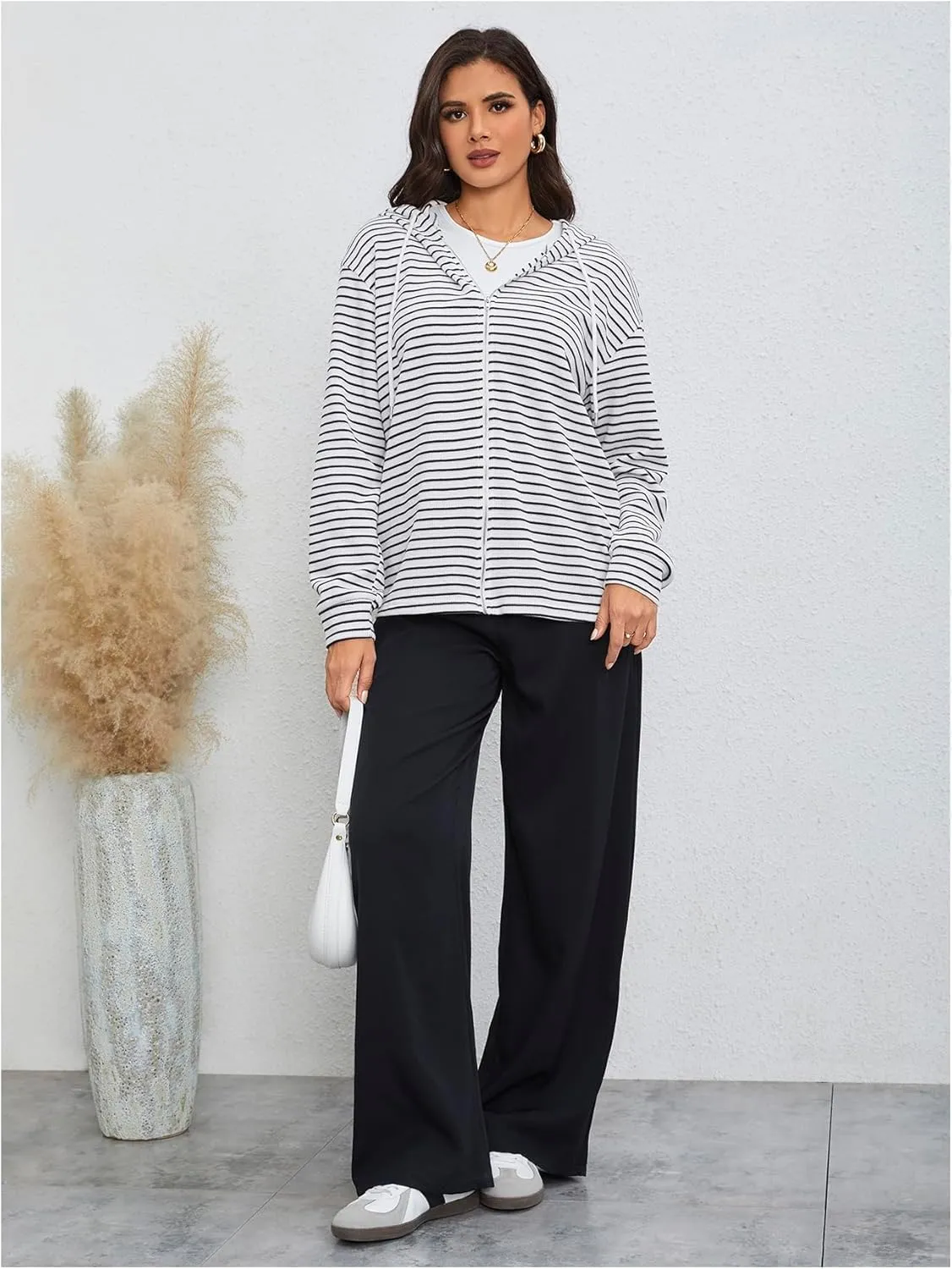MakeMeChic Women's Striped Drawstring Full Zip Jacket Hooded Drop Shoulder Jackets