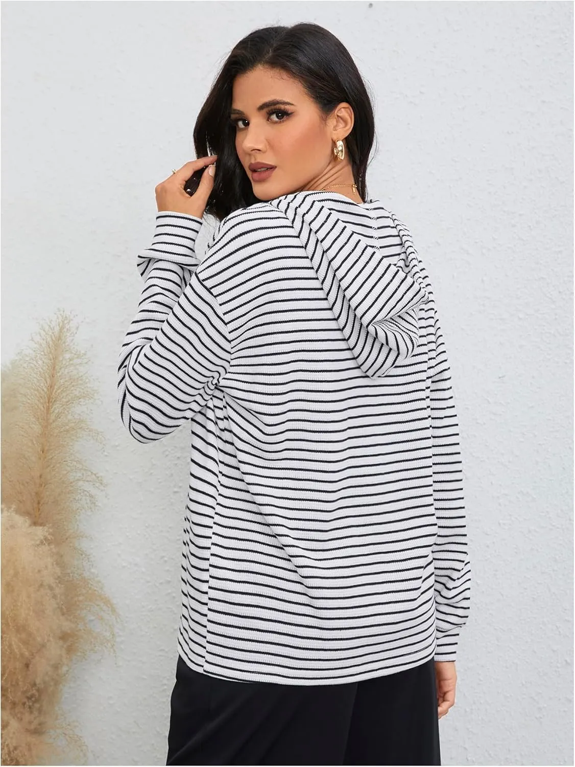 MakeMeChic Women's Striped Drawstring Full Zip Jacket Hooded Drop Shoulder Jackets