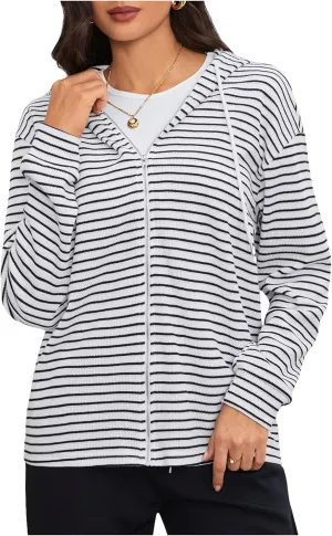 MakeMeChic Women's Striped Drawstring Full Zip Jacket Hooded Drop Shoulder Jackets