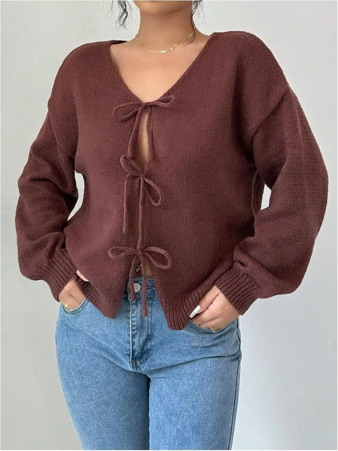MakeMeChic Women's V Neck Tie Front Long Sleeve Sweater Cardigan Drop Shoulder Knitted Outerwear