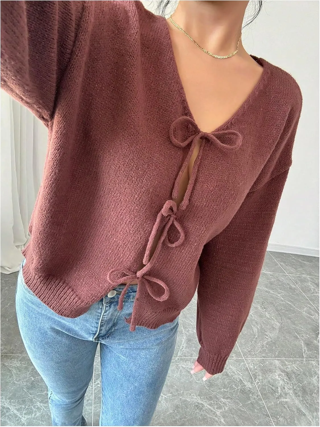 MakeMeChic Women's V Neck Tie Front Long Sleeve Sweater Cardigan Drop Shoulder Knitted Outerwear