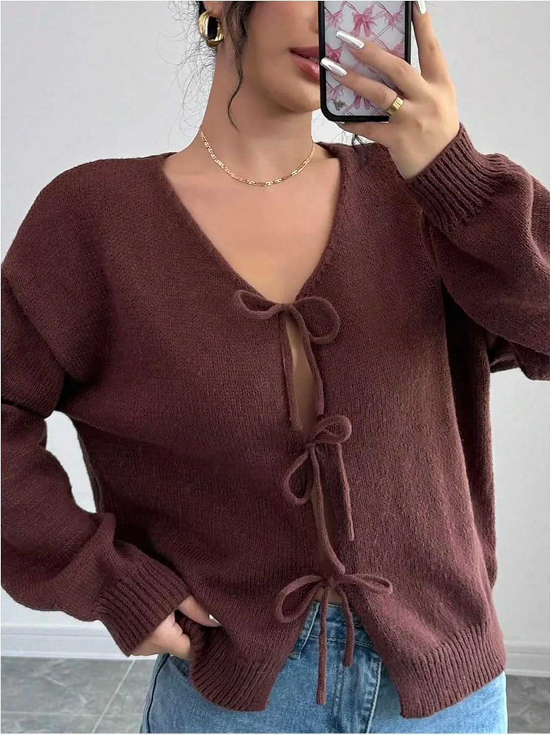MakeMeChic Women's V Neck Tie Front Long Sleeve Sweater Cardigan Drop Shoulder Knitted Outerwear