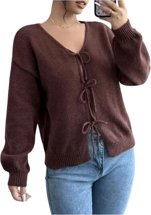 MakeMeChic Women's V Neck Tie Front Long Sleeve Sweater Cardigan Drop Shoulder Knitted Outerwear