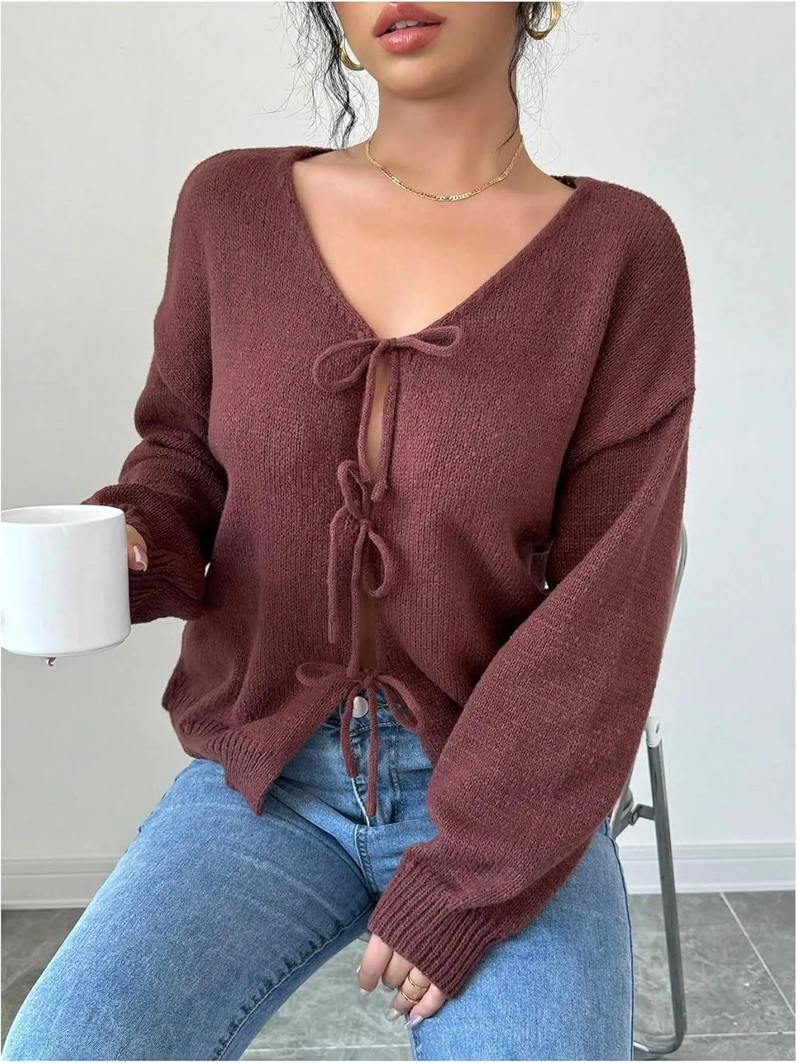 MakeMeChic Women's V Neck Tie Front Long Sleeve Sweater Cardigan Drop Shoulder Knitted Outerwear