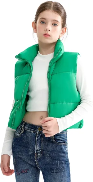 maoo garden Girls Winter Puffer Vest Faux-Down Short Cropped Lightweight Water-Resistant Big Girls Sleeveless Jacket