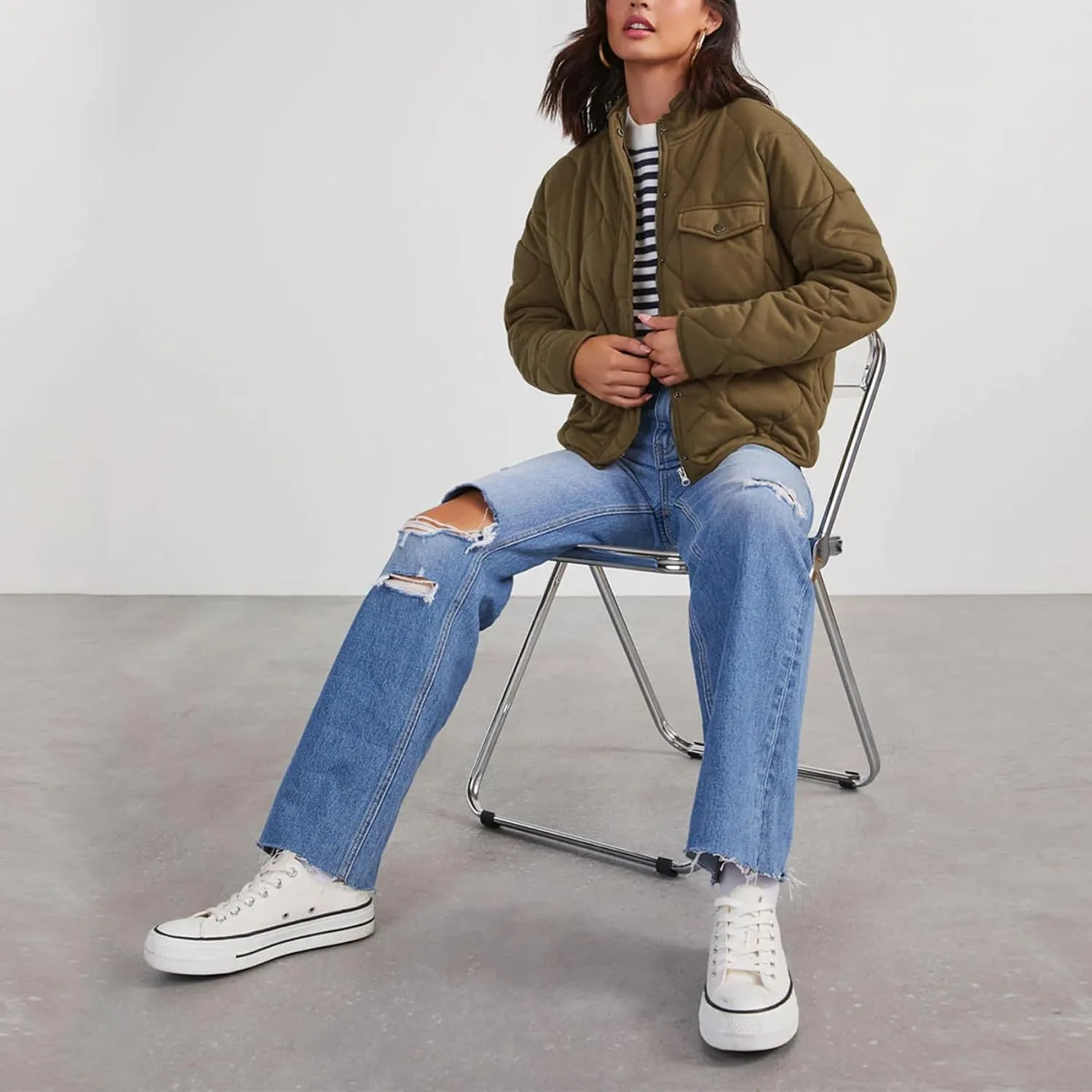 MAYSTEPPE Womens Puffer Jackets Lightweight,Long Sleeve Zip Short Down Coats Winter Cropped Warm Quilted Jacket with Pocket