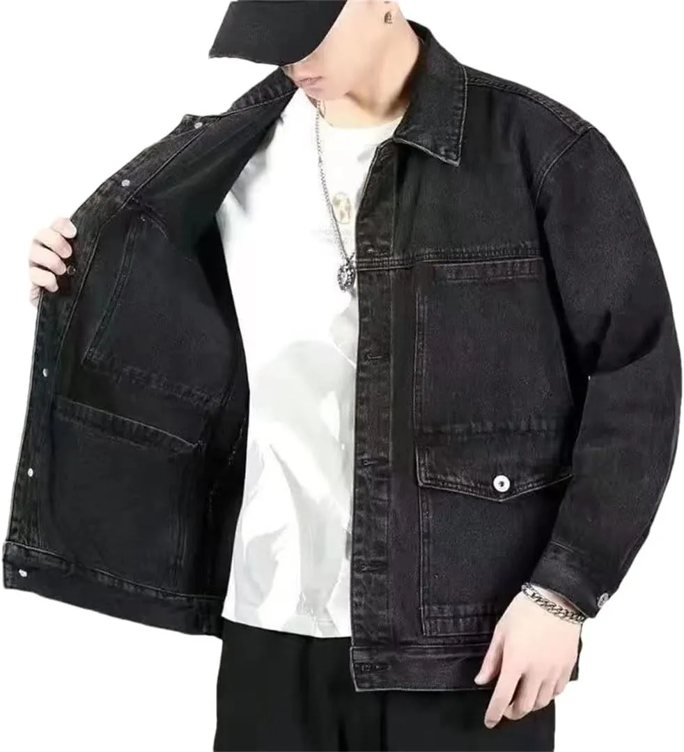 Men Denim Jackets Wide Shoulders With Print Cargo Loose Coat