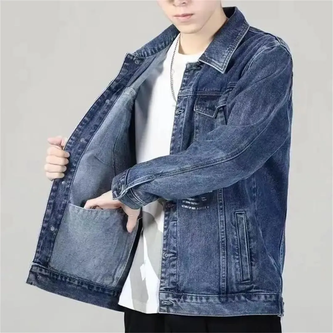 Men Denim Jackets Wide Shoulders With Print Cargo Loose Coat