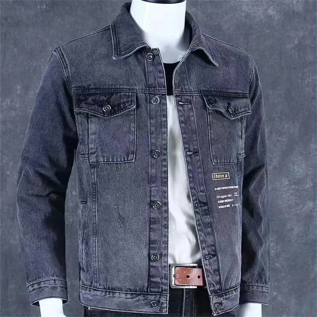 Men Denim Jackets Wide Shoulders With Print Cargo Loose Coat