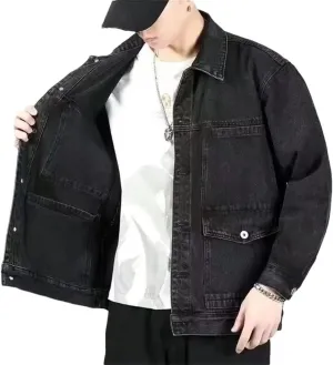 Men Denim Jackets Wide Shoulders With Print Cargo Loose Coat