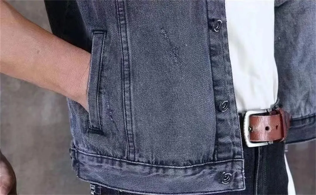 Men Denim Jackets Wide Shoulders With Print Cargo Loose Coat
