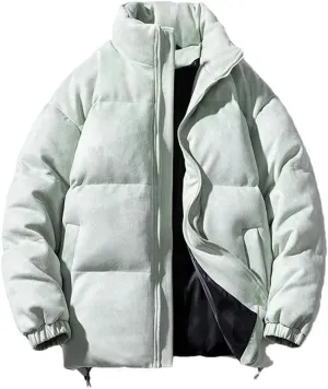 Men Faux Leather Puffer Jacket Vintage Stand Collar Pockets Warm Cotton-Padded Parkas Coat
