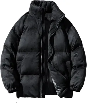 Men Faux Leather Puffer Jacket Vintage Stand Collar Pockets Warm Cotton-Padded Parkas Coat