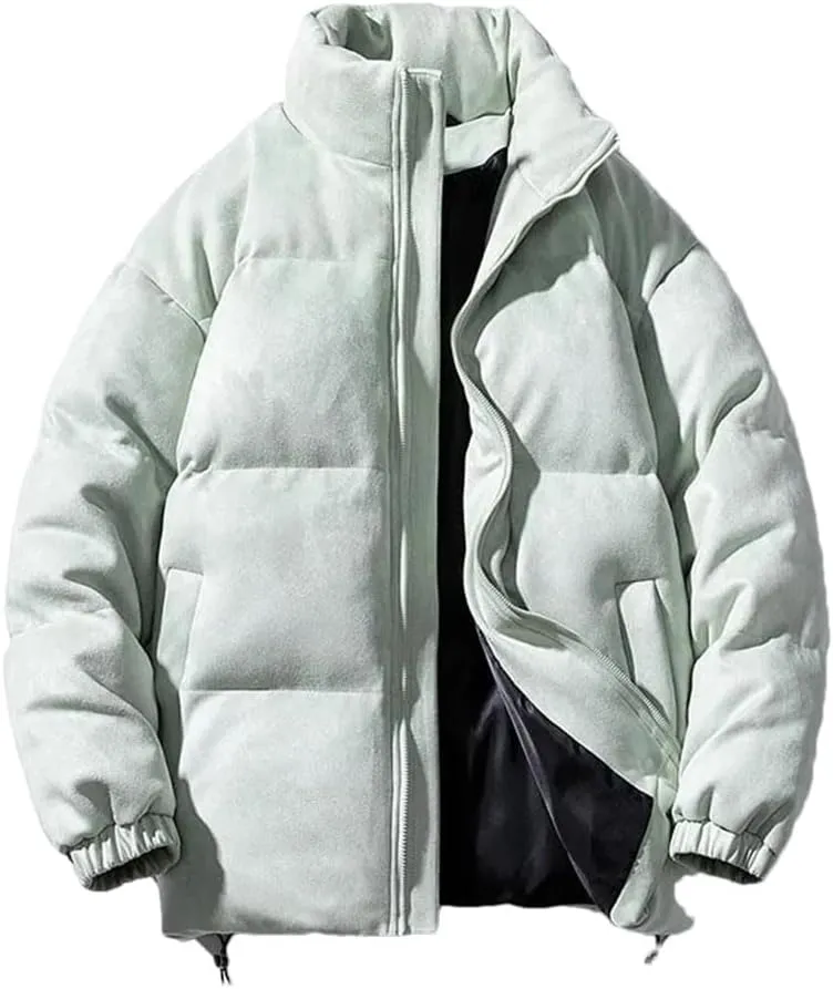 Men Faux Leather Puffer Jacket Vintage Stand Collar Pockets Warm Cotton-Padded Parkas Coat
