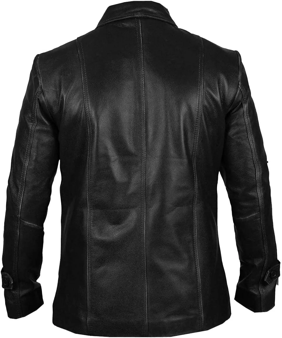 meninious Four Button Black Real Leather Blazar Coat for Men